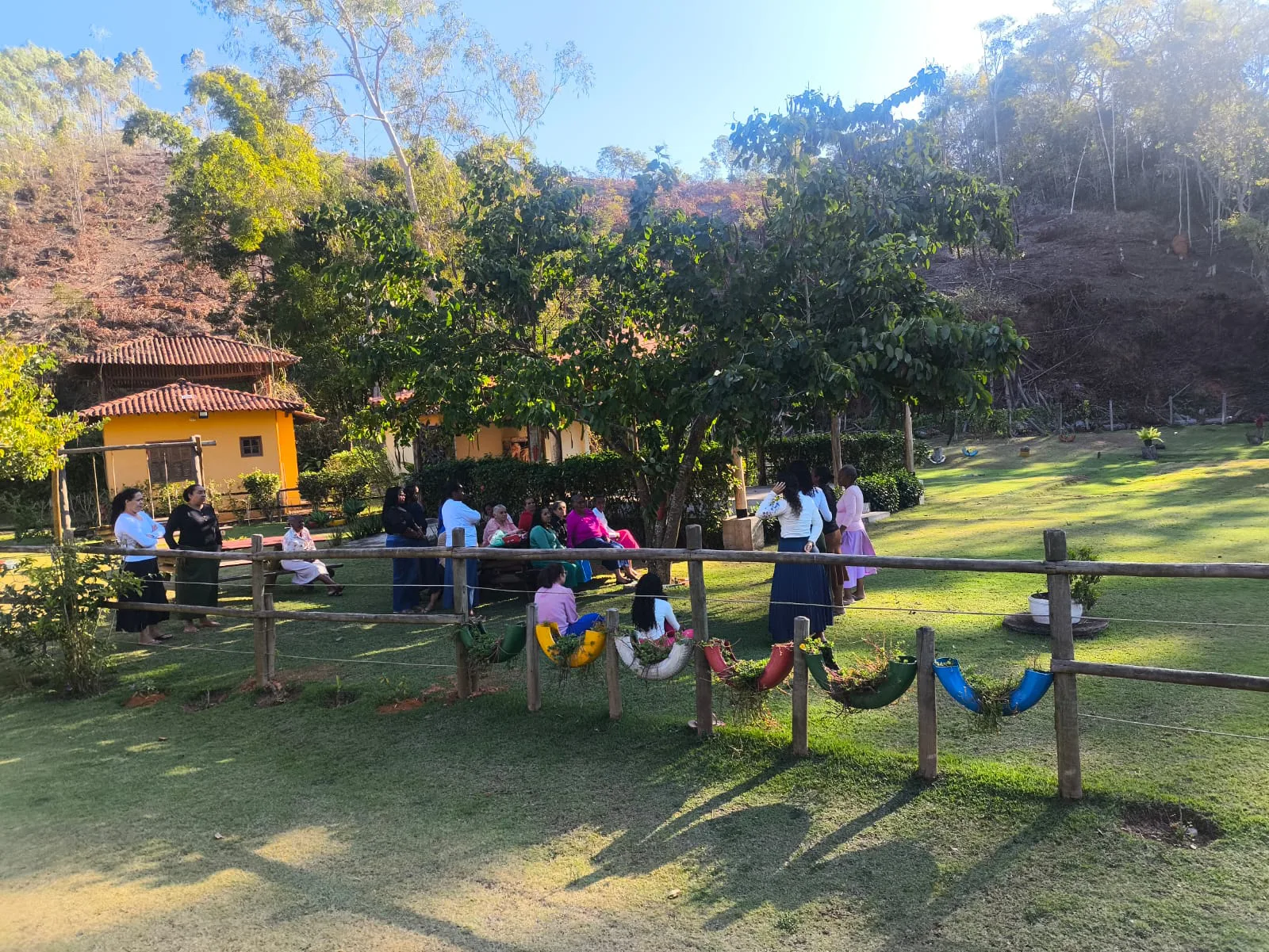Convidados no gramado à sombra das árvores