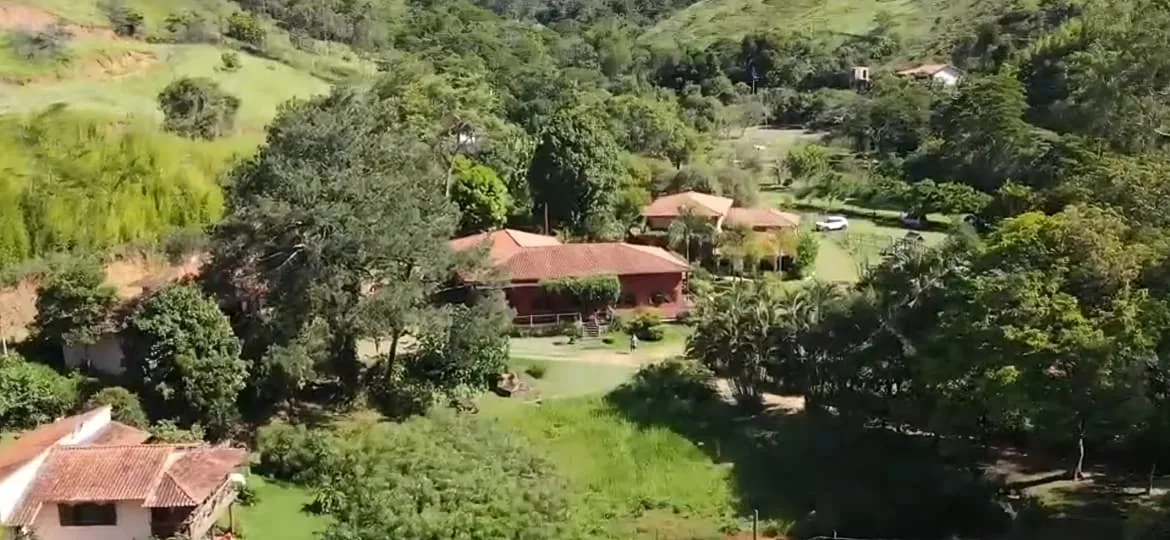 Vista do alto do sítio com a mata e os chalés no vale